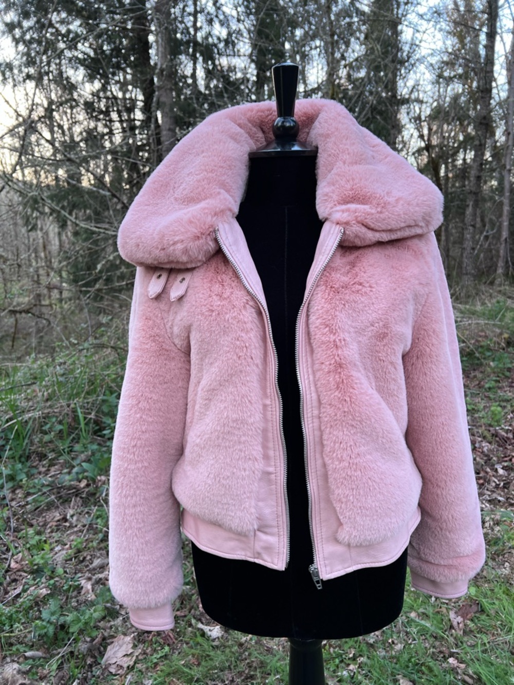 Blank NYC pink faux fur aviator bomber jacket XS